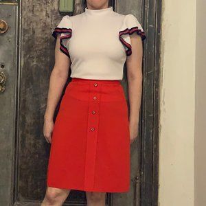 Vintage 70s mod red A-line midi skirt with red white and blue buttons by Mr K fo